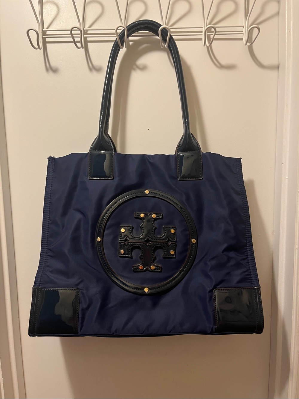 Navy Nylon Tote with Patent Trim and Gold